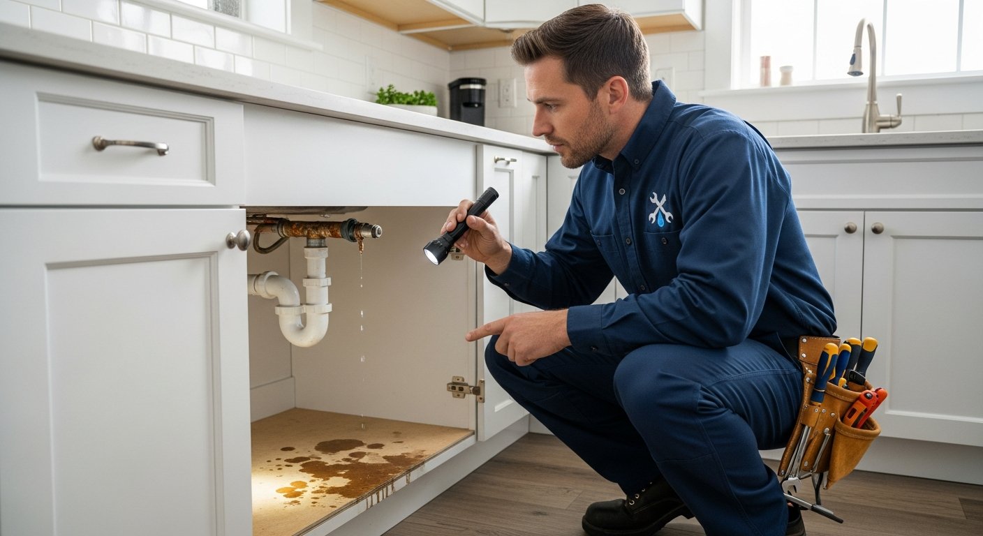 Professional plumber installing a Worcester Bosch boiler in a tidy Leeds home kitchen