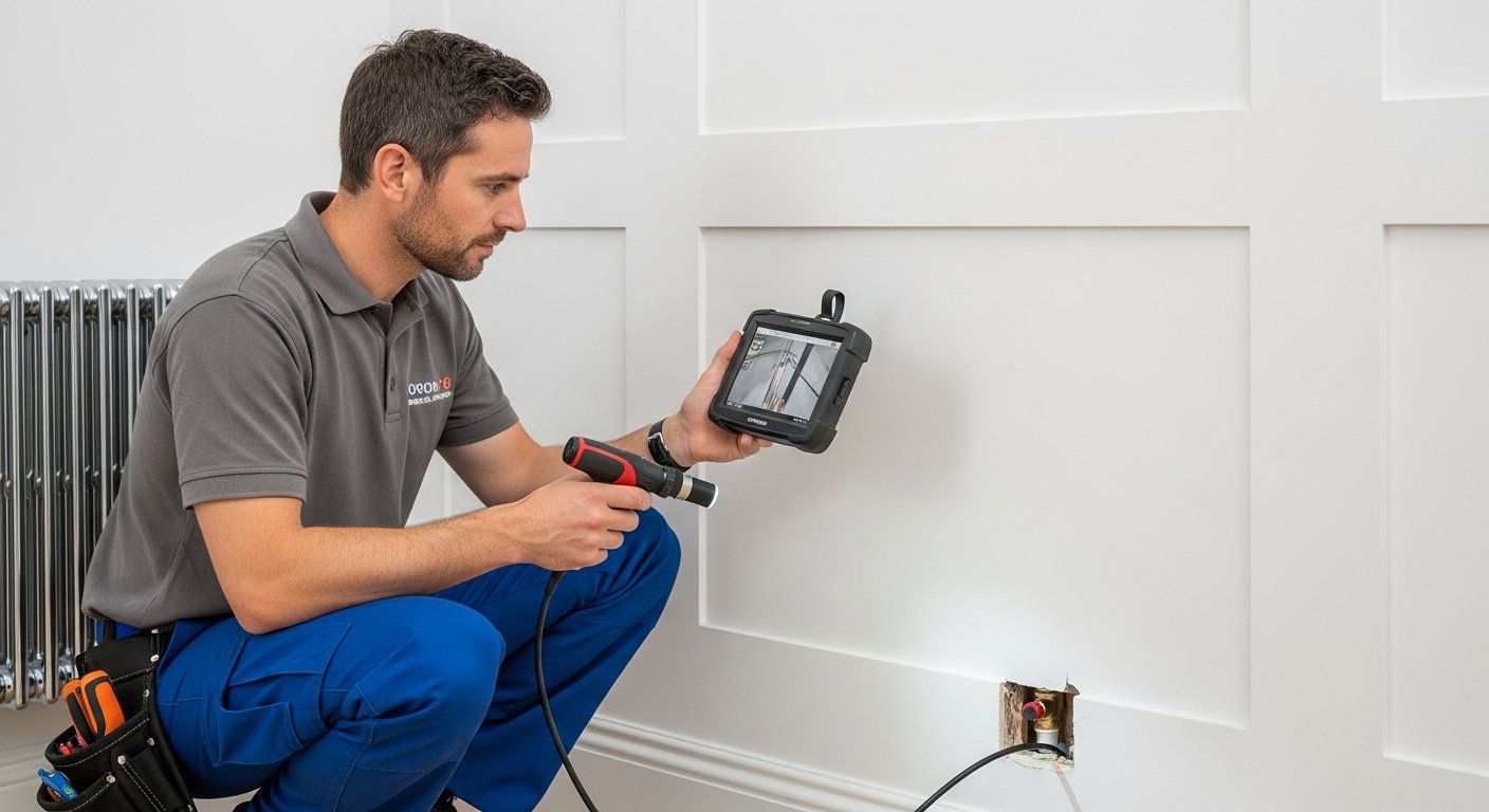 Plumber carefully inspecting a central heating boiler, checking gas pressure with a digital manometer in a Leeds home