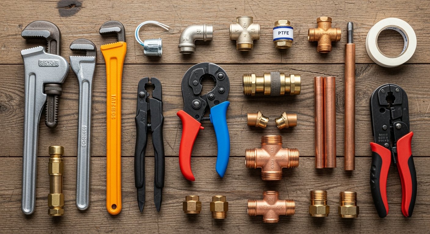 Professional plumbing tools and copper pipe fittings arranged neatly, showcasing the quality equipment used by L.D.Griffiths Plumbing